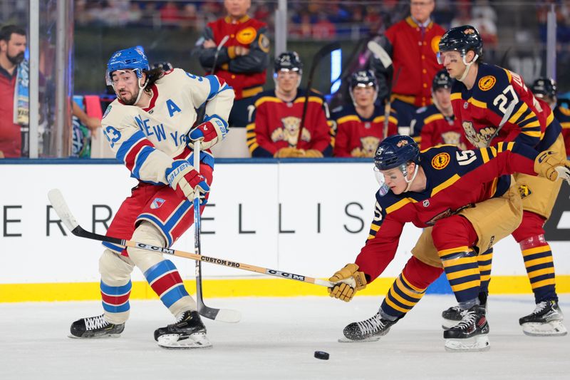 Jan 2, 2026; Miami, Florida, USA; New York Rangers center Mika Zibanejad (93) passes the puck defended by Florida Panthers center Anton Lundell (15) during the first period in the 2026 Winter Classic ice hockey game at loanDepot Park. Mandatory Credit: Sam Navarro-Imagn Images