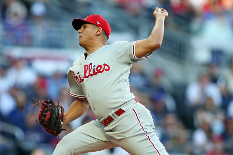 Oct 7, 2023; Cumberland, Georgia, USA; Philadelphia Phillies starting pitcher Ranger Suarez (55) pitches during the first inning against the Atlanta Braves during game one of the NLDS for the 2023 MLB playoffs at Truist Park. Mandatory Credit: Brett Davis-USA TODAY Sports