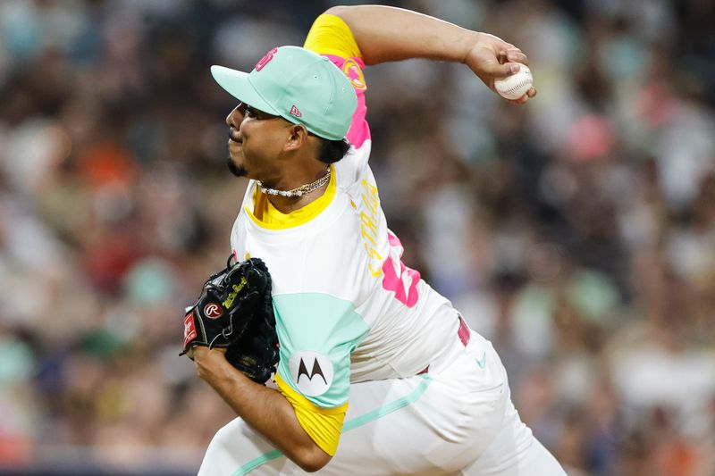 Sep 6, 2024; San Diego, California, USA; San Diego Padres relief pitcher Jeremiah Estrada (56) throws a pitch during the ninth inning against the San Francisco Giants at Petco Park. Mandatory Credit: David Frerker-Imagn Images