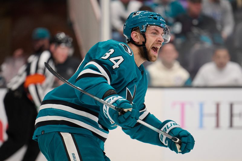 Jan 27, 2024; San Jose, California, USA; San Jose Sharks defenseman Jan Rutta (84) reacts during the first period of the game against the Buffalo Sabres at SAP Center at San Jose. Mandatory Credit: Robert Edwards-USA TODAY Sports