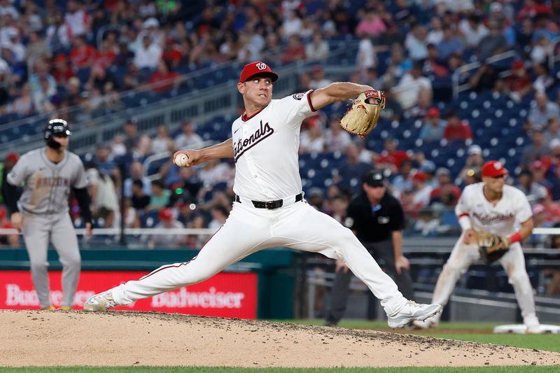 Jun 18, 2024; Washington, District of Columbia, USA; Washington Nationals pitcher Jacob Barnes (59) pitches against the Arizona Diamondbacks during the seventh inning at Nationals Park. Mandatory Credit: Geoff Burke-USA TODAY Sports