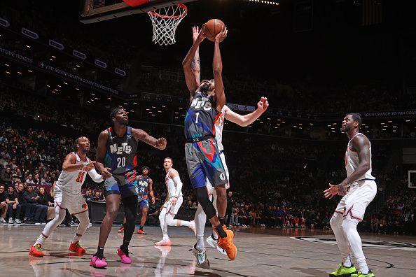 BROOKLYN, NY - DECEMBER 20: Mikal Bridges #1 of the Brooklyn Nets drives to the basket during the game against the New York Knicks on December 20, 2023 at Barclays Center in Brooklyn, New York. NOTE TO USER: User expressly acknowledges and agrees that, by downloading and or using this Photograph, user is consenting to the terms and conditions of the Getty Images License Agreement. Mandatory Copyright Notice: Copyright 2023 NBAE (Photo by Nathaniel S. Butler/NBAE via Getty Images)