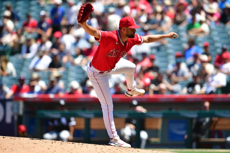 Jun 29, 2023; Anaheim, California, USA; Los Angeles Angels starting pitcher Patrick Sandoval (43) throws against the Chicago White Sox during the fourth inning at Angel Stadium. Mandatory Credit: Gary A. Vasquez-USA TODAY Sports