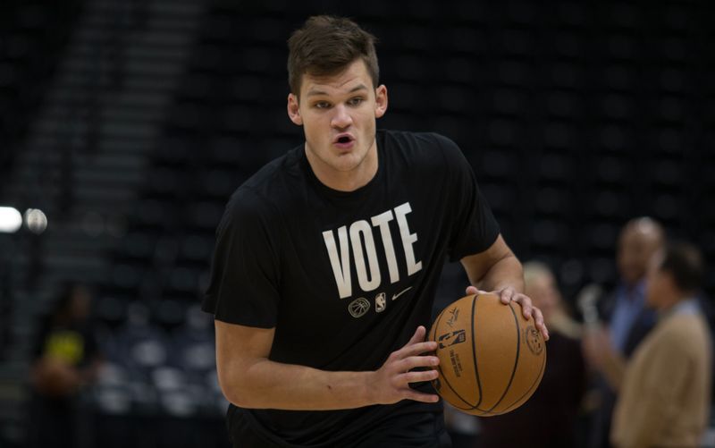 SALT LAKE CITY UT- NOVEMBER 7:  Walker Kessler #24  of the Utah Jazz wears a Vote shirt as he warms up before their game agaisnt the Los Angeles Lakers during at the Vivint Arena November 7, 2022 in Salt Lake City Utah. NOTE TO USER: User expressly acknowledges and agrees that, by downloading and using this photograph, User is consenting to the terms and conditions of the Getty Images License Agreement (Photo by Chris Gardner/ Getty Images)