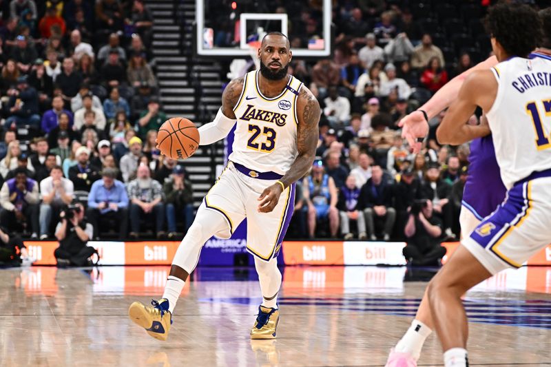 SALT LAKE CITY, UT - DECEMBER 1: LeBron James #23 of the Los Angeles Lakers dribbles the ball during the game against the Utah Jazz on December 1, 2024 at Delta Center in Salt Lake City, Utah. NOTE TO USER: User expressly acknowledges and agrees that, by downloading and or using this Photograph, User is consenting to the terms and conditions of the Getty Images License Agreement. Mandatory Copyright Notice: Copyright 2024 NBAE (Photo by Jamie Sabau/NBAE via Getty Images)