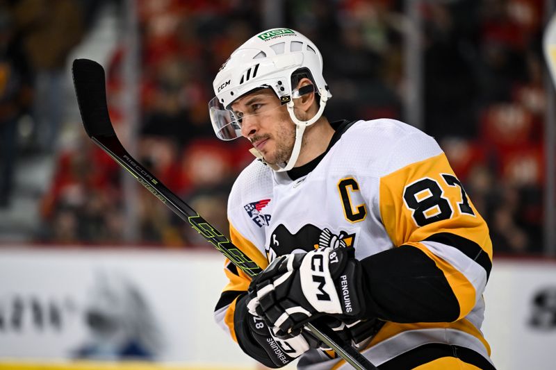 sMar 2, 2024; Calgary, Alberta, CAN; Pittsburgh Penguins center Sidney Crosby (87) gets ready for the start of the first period against the Calgary Flames at Scotiabank Saddledome. Mandatory Credit: Brett Holmes-USA TODAY Sports