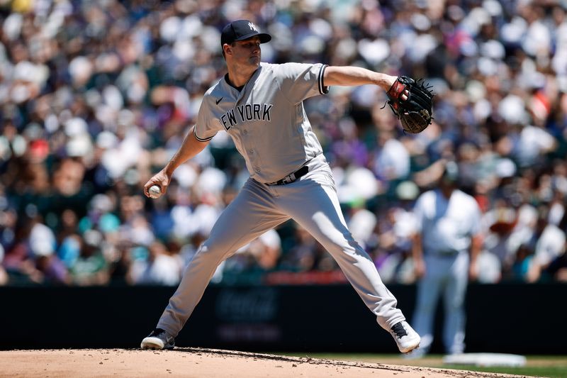 Jul 16, 2023; Denver, Colorado, USA; New York Yankees starting pitcher Gerrit Cole (45) pitches in the second inning against the Colorado Rockies at Coors Field. Mandatory Credit: Isaiah J. Downing-USA TODAY Sports