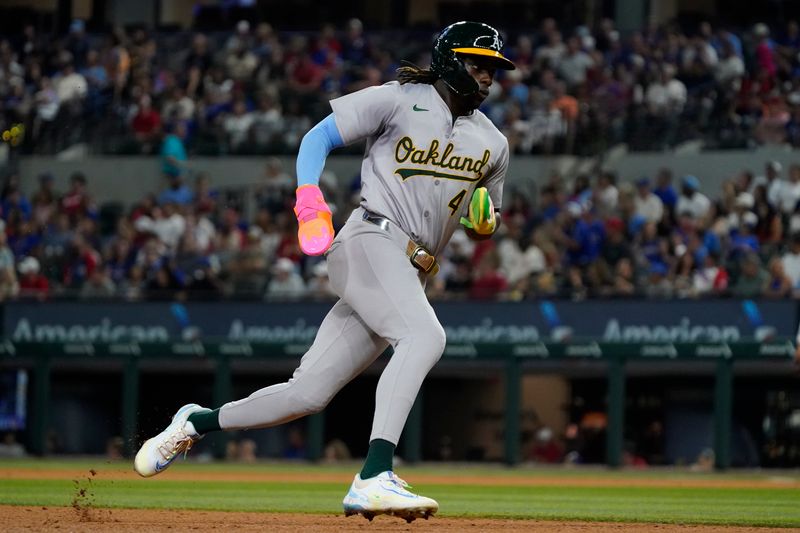 Aug 31, 2024; Arlington, Texas, USA; Oakland Athletics right fielder Lawrence Butler (4) runs to home plate during the sixth inning against the Texas Rangers at Globe Life Field. Mandatory Credit: Raymond Carlin III-USA TODAY Sports