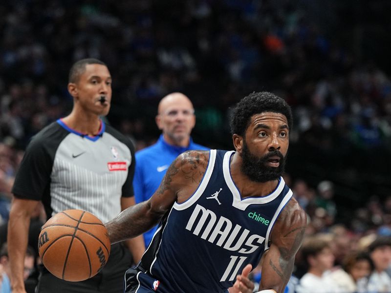 DALLAS, TX - OCTOBER 31: Kyrie Irving #11 of the Dallas Mavericks dribbles the ball during the game against the Houston Rockets on October 31, 2024 at American Airlines Center in Dallas, Texas. NOTE TO USER: User expressly acknowledges and agrees that, by downloading and or using this photograph, User is consenting to the terms and conditions of the Getty Images License Agreement. Mandatory Copyright Notice: Copyright 2024 NBAE (Photo by Glenn James/NBAE via Getty Images)