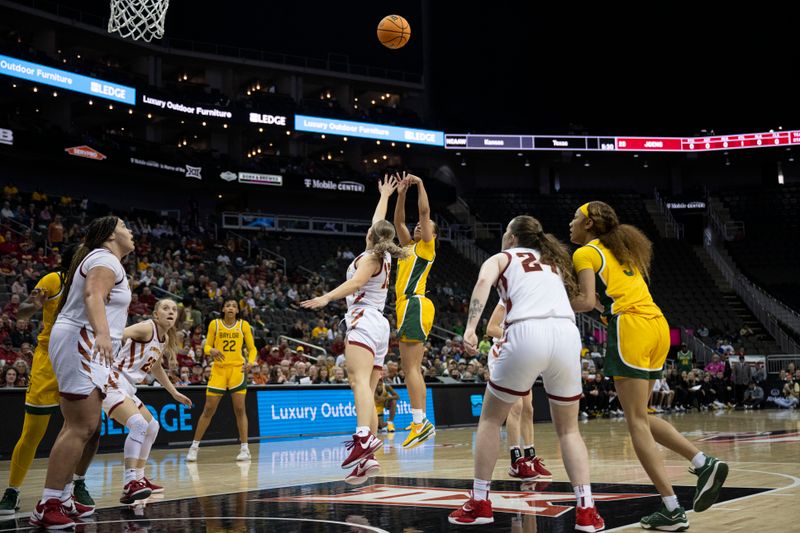 Mar 9, 2024; Kansas City, MO, USA; Baylor Lady Bears guard Jada Walker (11) shoots the ball while defended by Iowa State Cyclones guard Hannah Belanger (13) during the first half at T-Mobile Center. Mandatory Credit: Amy Kontras-USA TODAY Sports