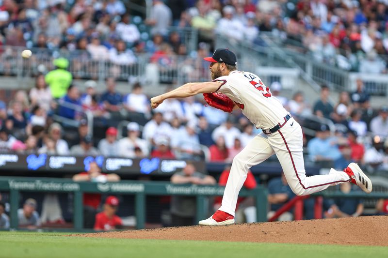 May 6, 2025; Cumberland, Georgia, USA; Atlanta Braves pitcher Chris Sale (51) pitches the ball against the Cincinnati Reds during the second inning at Truist Park. Mandatory Credit: Jordan Godfree-Imagn Images