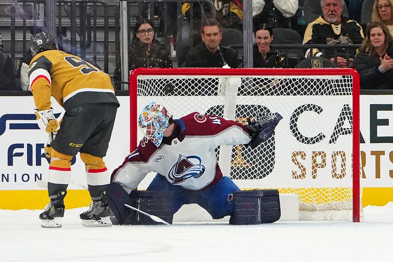 Dec 27, 2025; Las Vegas, Nevada, USA; Vegas Golden Knights right wing Mitch Marner (93) scores against Colorado Avalanche goaltender Scott Wedgewood (41) during a shoot out at T-Mobile Arena. Mandatory Credit: Stephen R. Sylvanie-Imagn Images