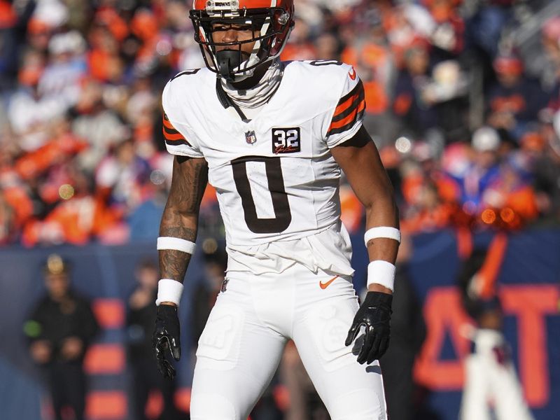 Cleveland Browns cornerback Greg Newsome II (0) against the Denver Broncos of an NFL football game Sunday November 26, 2023, in Denver. (AP Photo/Bart Young)