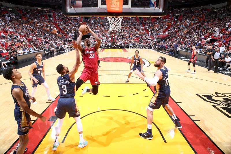 MIAMI, FL - JANUARY 22: Jimmy Butler #22 of the Miami Heat drives to the basket during the game against the New Orleans Pelicans on January 22, 2023 at Miami-Dade Arena in Miami, Florida. NOTE TO USER: User expressly acknowledges and agrees that, by downloading and or using this Photograph, user is consenting to the terms and conditions of the Getty Images License Agreement. Mandatory Copyright Notice: Copyright 2023 NBAE (Photo by Nathaniel S. Butler/NBAE via Getty Images)