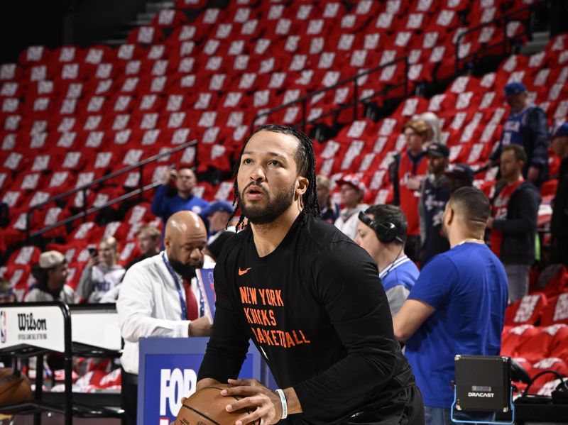 PHILADELPHIA, PA - APRIL 25: Jalen Brunson #11 of the New York Knicks warms up before the game against the Philadelphia 76ers during Round 1 Game 3 of the 2024 NBA Playoffs on April 25, 2024 at the Wells Fargo Center in Philadelphia, Pennsylvania NOTE TO USER: User expressly acknowledges and agrees that, by downloading and/or using this Photograph, user is consenting to the terms and conditions of the Getty Images License Agreement. Mandatory Copyright Notice: Copyright 2024 NBAE (Photo by David Dow/NBAE via Getty Images)