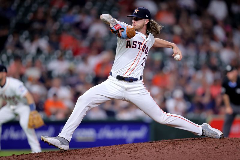 Apr 30, 2024; Houston, Texas, USA; Houston Astros relief pitcher Josh Hader (71) delivers a pitch against the Cleveland Guardians during the ninth inning at Minute Maid Park. Mandatory Credit: Erik Williams-USA TODAY Sports