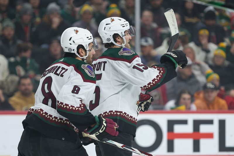 Jan 13, 2024; Saint Paul, Minnesota, USA; Arizona Coyotes center Alexander Kerfoot (15) celebrates his powerplay goal against the Minnesota Wild during the first period at Xcel Energy Center. Mandatory Credit: Matt Krohn-USA TODAY Sports