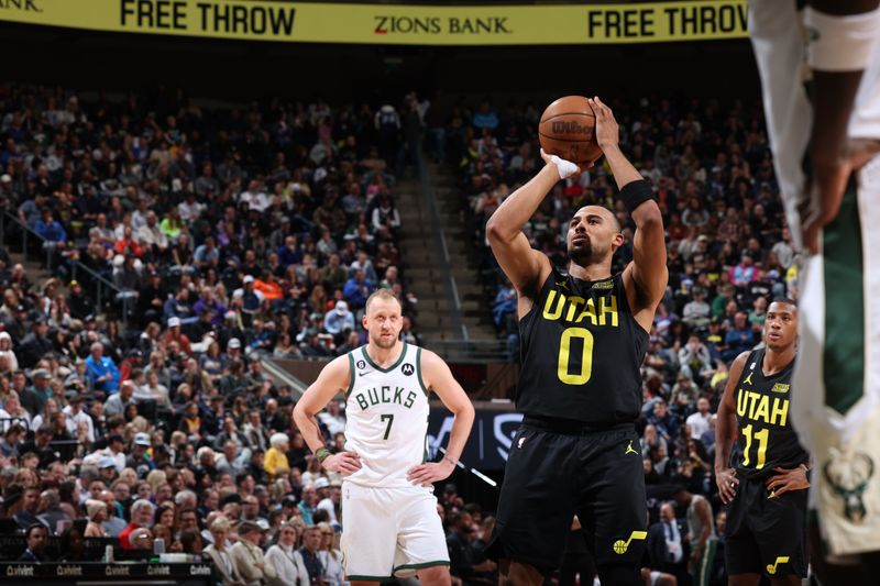 SALT LAKE CITY, UT - MARCH 24: Talen Horton-Tucker #0 of the Utah Jazz shoots a free throw during the game against the Milwaukee Bucks on March 24, 2023 at vivint.SmartHome Arena in Salt Lake City, Utah. NOTE TO USER: User expressly acknowledges and agrees that, by downloading and or using this Photograph, User is consenting to the terms and conditions of the Getty Images License Agreement. Mandatory Copyright Notice: Copyright 2023 NBAE (Photo by Melissa Majchrzak/NBAE via Getty Images)