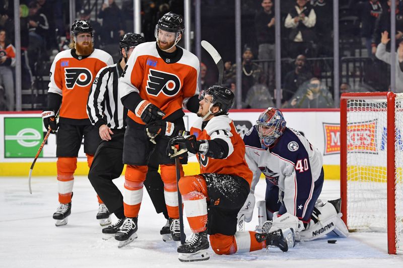 Jan 4, 2024; Philadelphia, Pennsylvania, USA; Philadelphia Flyers right wing Travis Konecny (11) celebrates his goal with center Sean Couturier (14) against Columbus Blue Jackets goaltender Daniil Tarasov (40) during the third period at Wells Fargo Center. Mandatory Credit: Eric Hartline-USA TODAY Sports