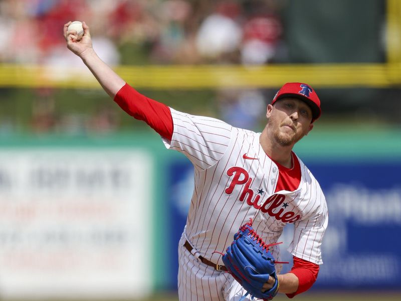 Mar 14, 2024; Clearwater, Florida, USA;  Philadelphia Phillies relief pitcher Jeff Hoffman (23) throws a pitch against the Boston Red Sox in the sixth inning at BayCare Ballpark. Mandatory Credit: Nathan Ray Seebeck-USA TODAY Sports