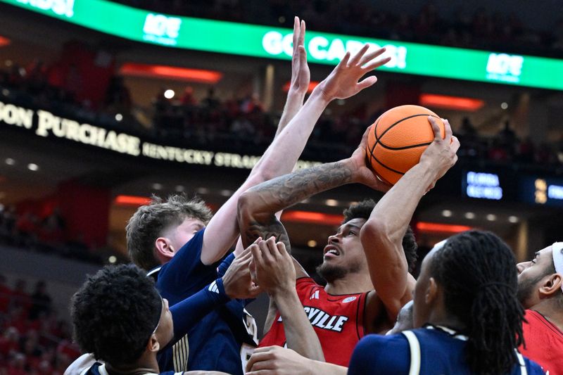 Feb 21, 2026; Louisville, Kentucky, USA;  Louisville Cardinals forward Khani Rooths (9) shoots against Georgia Tech Yellow Jackets center Cole Kirouac (8) during the second half at KFC Yum! Center. Louisville defeated Georgia Tech 87-70. Mandatory Credit: Jamie Rhodes-Imagn Images