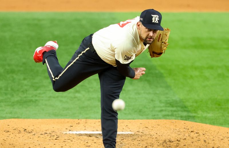 Jun 27, 2025; Arlington, Texas, USA;  Texas Rangers starting pitcher Nathan Eovaldi (17) throws during the third inning against the Seattle Mariners at Globe Life Field. Mandatory Credit: Kevin Jairaj-Imagn Images