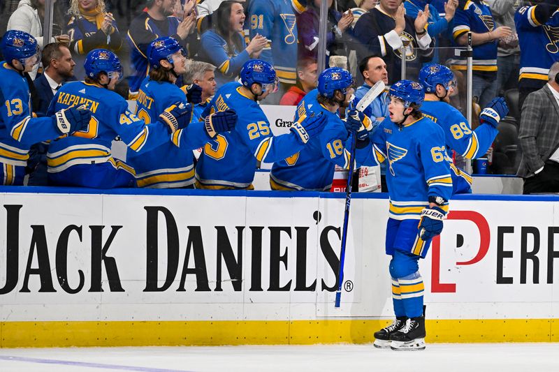 Dec 23, 2023; St. Louis, Missouri, USA;  St. Louis Blues left wing Jake Neighbours (63) is congratulated by teammates after scoring against the Chicago Blackhawks during the third period at Enterprise Center. Mandatory Credit: Jeff Curry-USA TODAY Sports