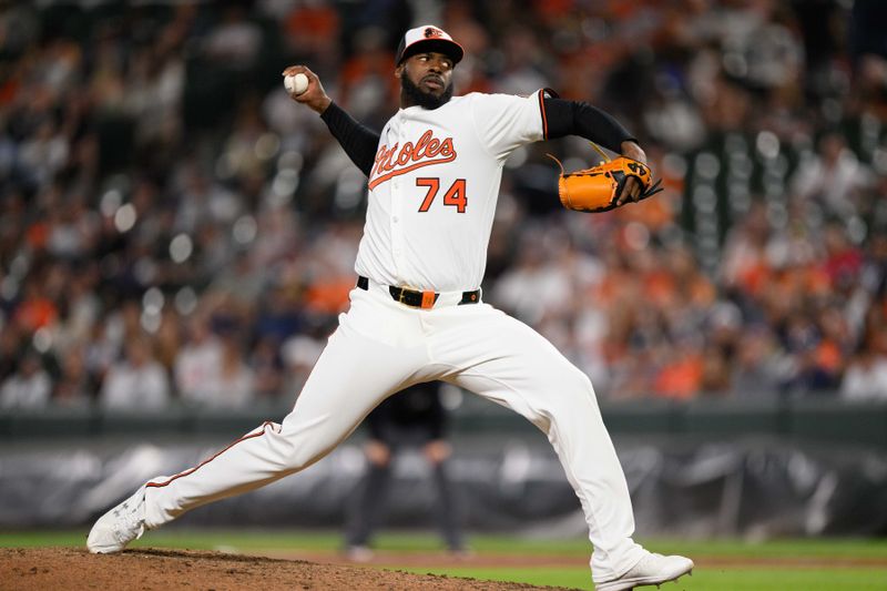 Apr 30, 2025; Baltimore, Maryland, USA; Baltimore Orioles pitcher Félix Bautista (74) throws a pitch during the ninth inning against the New York Yankees at Oriole Park at Camden Yards. Mandatory Credit: Reggie Hildred-Imagn Images