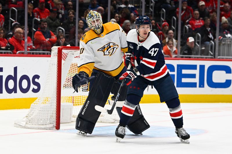 Dec 30, 2023; Washington, District of Columbia, USA; Washington Capitals left wing Beck Malenstyn (47) screens Nashville Predators goaltender Yaroslav Askarov (30) during the first period at Capital One Arena. Mandatory Credit: Brad Mills-USA TODAY Sports