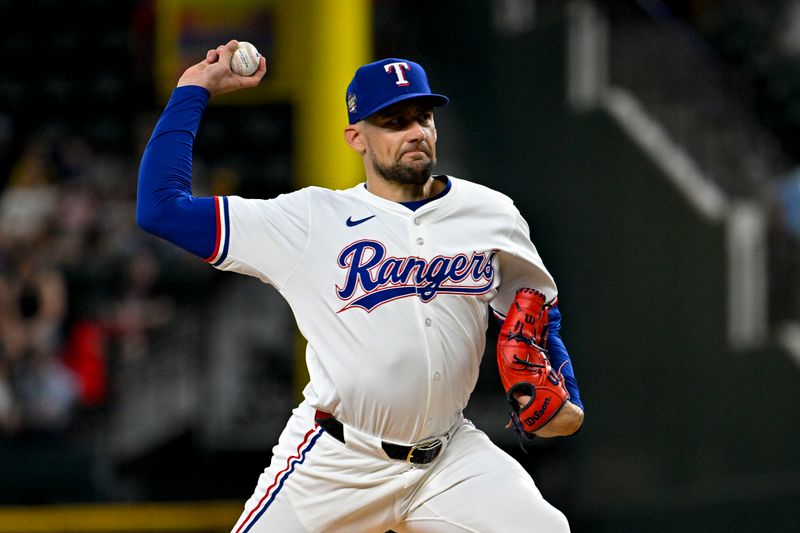 May 2, 2024; Arlington, Texas, USA; Texas Rangers starting pitcher Nathan Eovaldi (17) pitches against the Washington Nationals during the first inning at Globe Life Field. Mandatory Credit: Jerome Miron-USA TODAY Sports