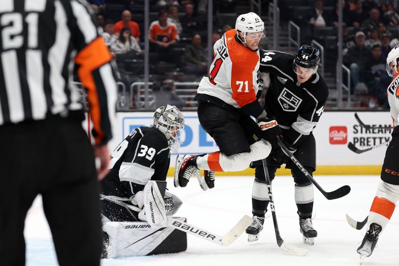 Nov 11, 2023; Los Angeles, California, USA; Philadelphia Flyers right wing Tyson Foerster (71) jumps as Los Angeles Kings goaltender Cam Talbot (39) defends the goal during the third period at Crypto.com Arena. Mandatory Credit: Kiyoshi Mio-USA TODAY Sports