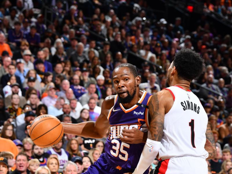 PHOENIX, AZ - NOVEMBER 2: Kevin Durant #35 of the Phoenix Suns dribbles the ball during the game against the Portland Trail Blazers on November 2, 2024 at Footprint Center in Phoenix, Arizona. NOTE TO USER: User expressly acknowledges and agrees that, by downloading and or using this photograph, user is consenting to the terms and conditions of the Getty Images License Agreement. Mandatory Copyright Notice: Copyright 2024 NBAE (Photo by Barry Gossage/NBAE via Getty Images)