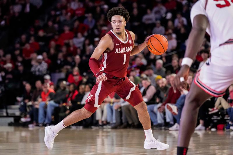 Jan 31, 2024; Athens, Georgia, USA; Alabama Crimson Tide guard Mark Sears (1) dribbles against the Georgia Bulldogs during the second half at Stegeman Coliseum. Mandatory Credit: Dale Zanine-USA TODAY Sports