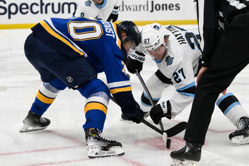 Nov 7, 2024; St. Louis, Missouri, USA; St. Louis Blues center Oskar Sundqvist (70) takes a face-off against Utah Hockey Club center Barrett Hayton (27) during the third period at Enterprise Center. Mandatory Credit: Jeff Le-Imagn Images