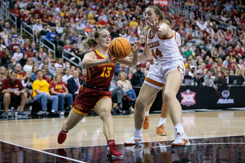 Mar 12, 2024; Kansas City, MO, USA; Iowa State Cyclones guard Hannah Belanger (13) passes around Texas Longhorns forward Taylor Jones (44) during the second half at T-Mobile Center. Mandatory Credit: William Purnell-USA TODAY Sports