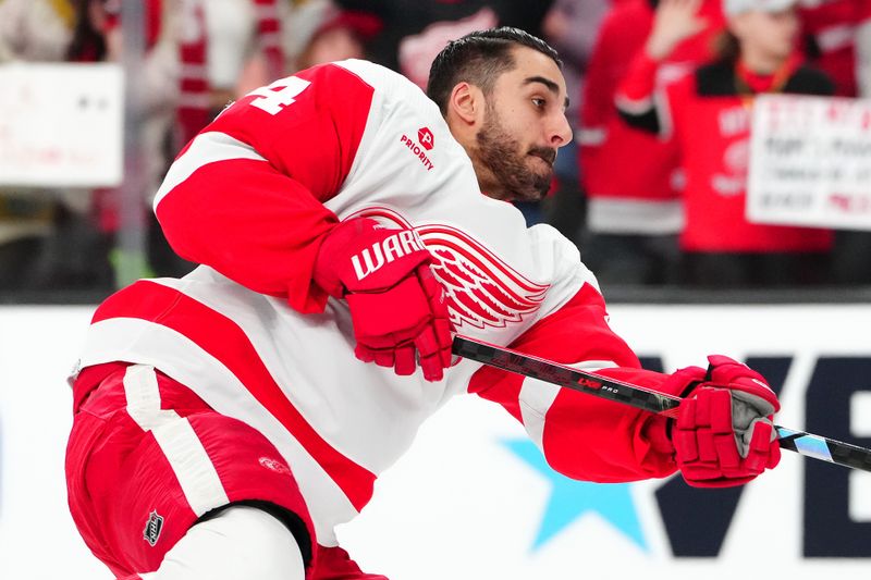 Mar 9, 2024; Las Vegas, Nevada, USA; Detroit Red Wings center Robby Fabbri (14) warms up before a game against the Vegas Golden Knights at T-Mobile Arena. Mandatory Credit: Stephen R. Sylvanie-USA TODAY Sports