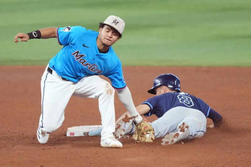 May 18, 2025; Miami, Florida, USA;  Tampa Bay Rays second baseman Brandon Lowe (8) steals second base in the sixth inning as Miami Marlins shortstop Javier Sanoja (46) covers the throw on the play at loanDepot Park. Mandatory Credit: Jim Rassol-Imagn Images