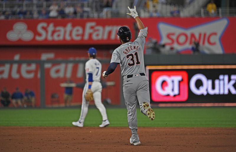 Sep 18, 2024; Kansas City, Missouri, USA;  Detroit Tigers left fielder Riley Greene (31) reacts after hitting a solo home run in the third inning against the Kansas City Royals at Kauffman Stadium. Mandatory Credit: Peter Aiken-Imagn Images