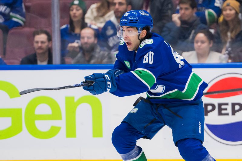 Feb 27, 2024; Vancouver, British Columbia, CAN; Vancouver Canucks forward Arshdeep Bains (80) skates against the Vancouver Canucks in the third period at Rogers Arena. Penguins won 4-3 in overtime. Mandatory Credit: Bob Frid-USA TODAY Sports