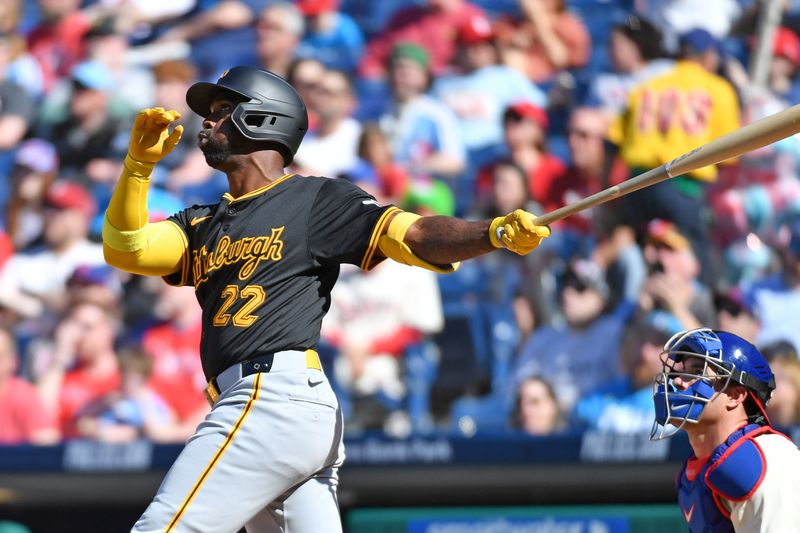 Apr 14, 2024; Philadelphia, Pennsylvania, USA; Pittsburgh Pirates designated hitter Andrew McCutchen (22) watches his two run home run during the ninth inning against the Philadelphia Phillies at Citizens Bank Park. It was the 300th home run of his career. Mandatory Credit: Eric Hartline-USA TODAY Sports