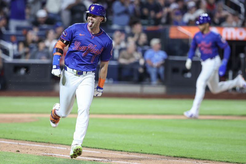Jun 26, 2025; New York City, New York, USA;  New York Mets left fielder Jeff McNeil (1) hits a two run single in the seventh inning against the Atlanta Braves at Citi Field. Mandatory Credit: Wendell Cruz-Imagn Images