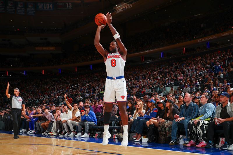 NEW YORK, NY - OCTOBER 13: OG Anunoby #8 of the New York Knicks shoots a three point basket during the game on October 13, 2024 at Madison Square Garden in New York City, New York.  NOTE TO USER: User expressly acknowledges and agrees that, by downloading and or using this photograph, User is consenting to the terms and conditions of the Getty Images License Agreement. Mandatory Copyright Notice: Copyright 2024 NBAE  (Photo by David L. Nemec/NBAE via Getty Images)