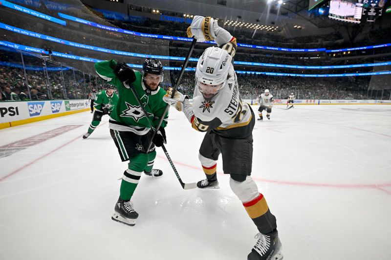 May 5, 2024; Dallas, Texas, USA; Dallas Stars center Sam Steel (18) and Vegas Golden Knights center Chandler Stephenson (20) battle for control of the puck during the first period in game seven of the first round of the 2024 Stanley Cup Playoffs at American Airlines Center. Mandatory Credit: Jerome Miron-USA TODAY Sports