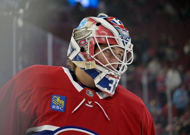 Feb 10, 2024; Montreal, Quebec, CAN; Montreal Canadiens goalie Sam Montembeault (35) skates during the warmup period before a game against the Dallas Stars at the Bell Centre. Mandatory Credit: Eric Bolte-USA TODAY Sports