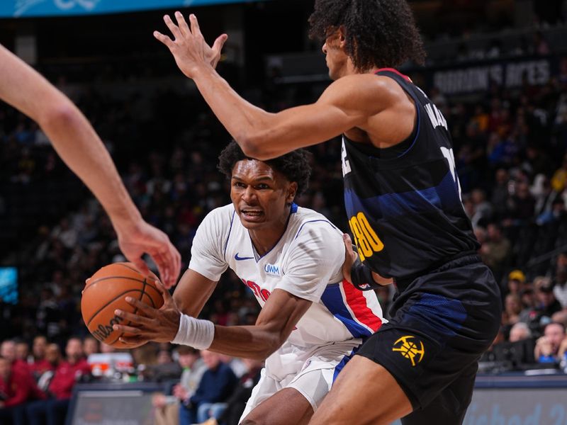 DENVER, CO - JANUARY 7: Ausar Thompson #9 of the Detroit Pistons looks to pass the ball during the game against the Denver Nuggets on January 7, 2024 at the Ball Arena in Denver, Colorado. NOTE TO USER: User expressly acknowledges and agrees that, by downloading and/or using this Photograph, user is consenting to the terms and conditions of the Getty Images License Agreement. Mandatory Copyright Notice: Copyright 2024 NBAE (Photo by Bart Young/NBAE via Getty Images)