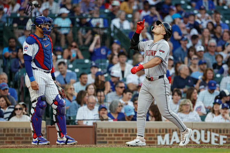 Jul 20, 2024; Chicago, Illinois, USA; Arizona Diamondbacks outfielder Alek Thomas (5) crosses home plate after hitting a solo home run against the Chicago Cubs during the fifth inning at Wrigley Field. Mandatory Credit: Kamil Krzaczynski-USA TODAY Sports