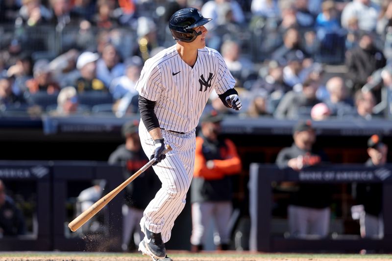 Apr 2, 2023; Bronx, New York, USA; New York Yankees first baseman Anthony Rizzo (48) watches his RBI sacrifice fly against the San Francisco Giants during the seventh inning at Yankee Stadium. Mandatory Credit: Brad Penner-USA TODAY Sports