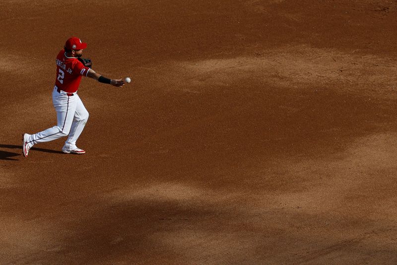 Sep 28, 2025; Washington, District of Columbia, USA; Washington Nationals second baseman Luis García Jr. (2) makes a throw to first base on a ground ball by Chicago White Sox shortstop Chase Meidroth (not pictured) during the sixth inning at Nationals Park. Mandatory Credit: Geoff Burke-Imagn Images