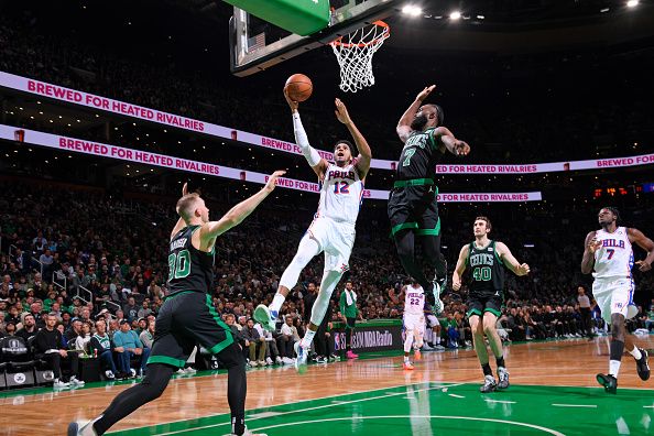 BOSTON, MA - DECEMBER 1: Tobias Harris #12 of the Philadelphia 76ers drives to the basket during the game against the Boston Celtics on December 1, 2023 at the TD Garden in Boston, Massachusetts. NOTE TO USER: User expressly acknowledges and agrees that, by downloading and or using this photograph, User is consenting to the terms and conditions of the Getty Images License Agreement. Mandatory Copyright Notice: Copyright 2023 NBAE  (Photo by Brian Babineau/NBAE via Getty Images)