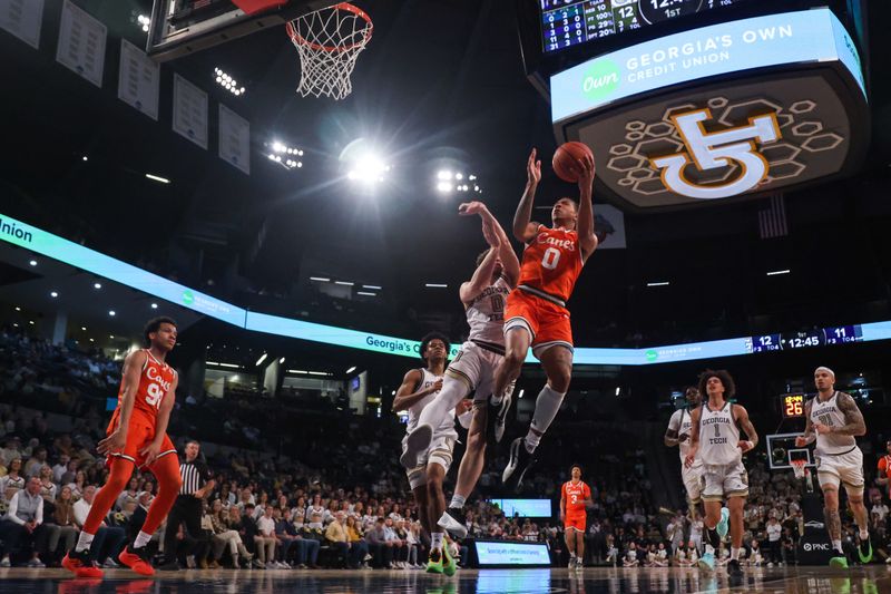 Mar 4, 2025; Atlanta, Georgia, USA; Miami Hurricanes guard Matthew Cleveland (0) shoots against the Georgia Tech Yellow Jackets in the first half at McCamish Pavilion. Mandatory Credit: Brett Davis-Imagn Images